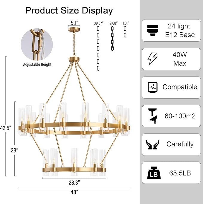 48" Gold Chandelier, 2 Tier Wagon Wheel Chandelier with Glass Shade, 24-Lights Large Round Modern Farmhouse High Ceilings Pendant Lighting Fixture for Dining Room, Living Room, Kitchen, Foyer