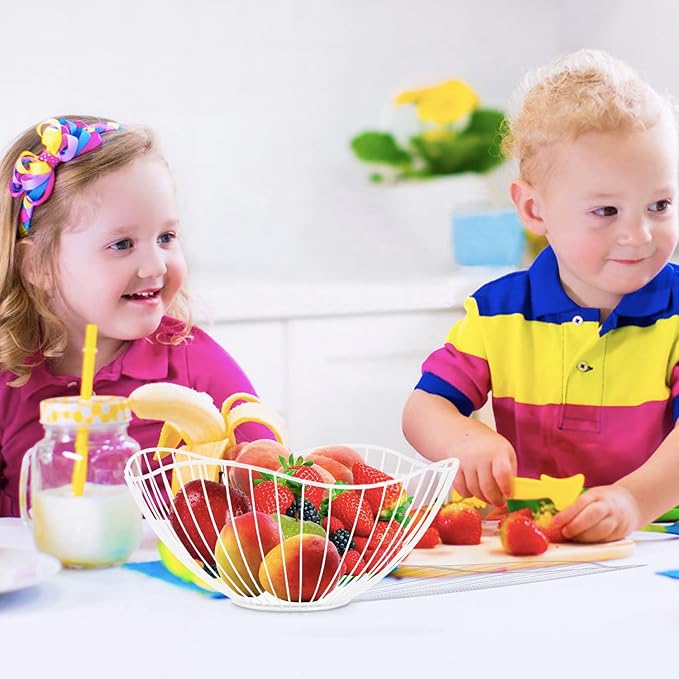 Metal Wire Fruit Basket, White Fruit Bowl for Kitchen Counter, Fruit Holder Stand Storage Baskets for Countertop, Home Decor, Table Centerpieces, Vegetable Bowls for Fruits, Veggies, Snacks (White)