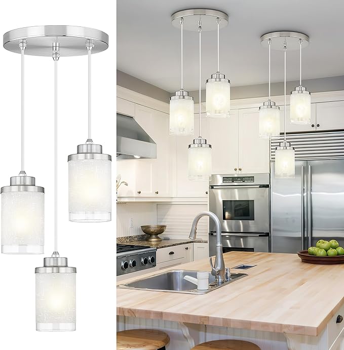 TENGXIN 3-Lights Modern Pendant Light with Glass Shade Brushed Nickel Pendant Lighting Adjustable Industrial Retro Style Hanging Light Fixture for Kitchen, Farmhouse