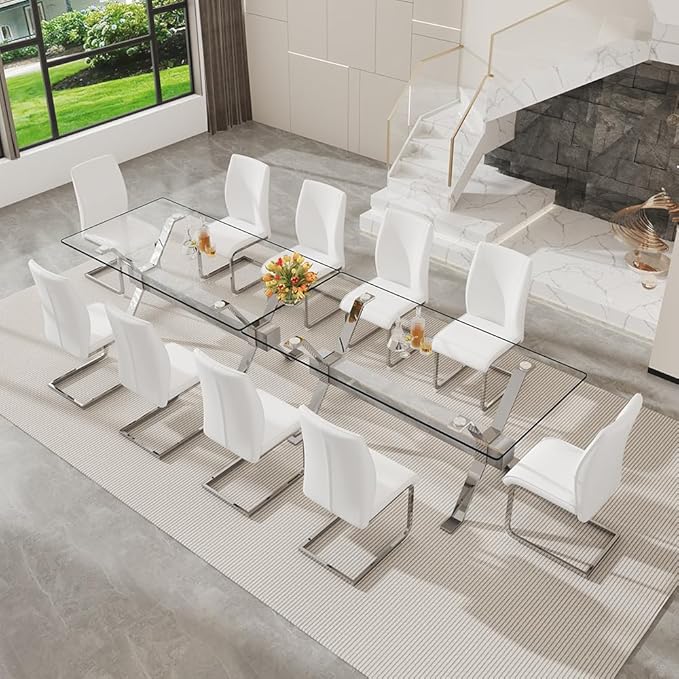71'' Glass Dining Table Set for 8,9 Piece Dining Table Set with Tempered Glass Tabletop and Open‑Frame X‑Shaped Metal Base,Kitchen Table and Chairs Ideal for Dining Room&Home Office
