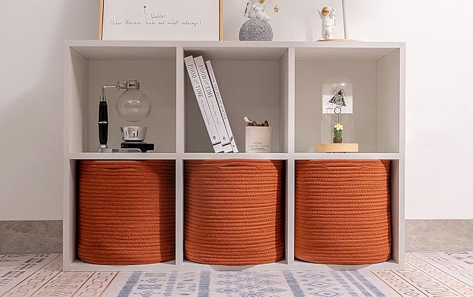 voten Storage Cubes Baskets Bins Organizer 11x11x11'' Fit 12x12''Cube Bookcases Shelf,Durable Woven Cotton Storage Basket for Organizing,Round 3Pack Brick Red