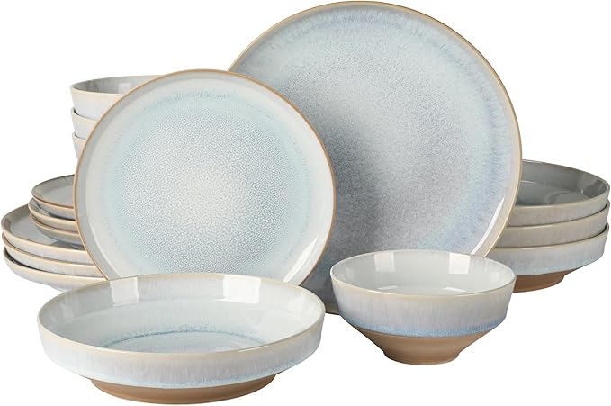 Gibson Elite Hailstone 16 Piece Stoneware Reactive Glaze (Service for 4) Ceramic Plates and Bowls Dinnerware Set - Moon Blue