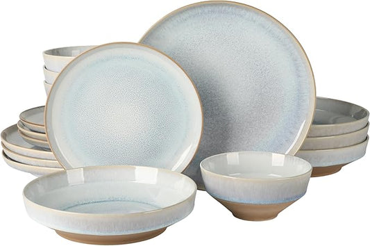 Gibson Elite Hailstone 16 Piece Stoneware Reactive Glaze (Service for 4) Ceramic Plates and Bowls Dinnerware Set - Moon Blue