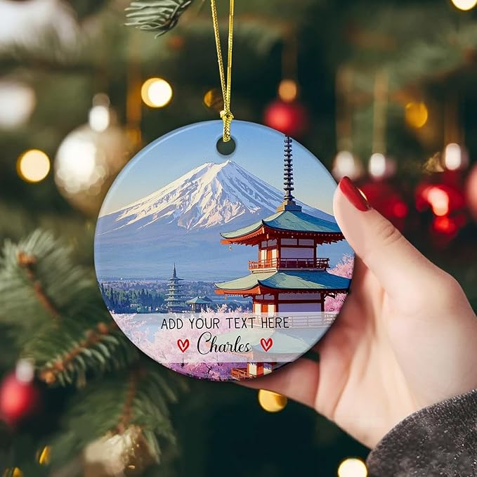 Personalized Text/Name Mount Fuji Ceramic Ornament Christmas 2025, Japanese Trip Souvenir Xmas Tree Hanging Ornament, Mount Fuji Landscape Ornaments, Custom Tokyo City Ornaments Gift for Japan Lovers