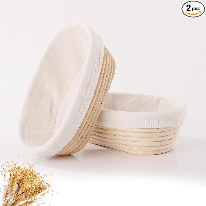 9.8 Inch Banneton Bread Proofing Basket Oval Sourdough Bread Basket Handmade Natural Brown Rattan Baking Bowls with Liner for Professional & Home Bread Baking Supplies