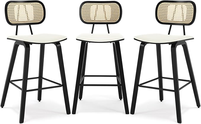 Counter Height Bar Stools Set of 3, 26" PU Leather Upholstered Rattan Barstools, Mid Century Modern Bar Chairs with Black Wood Legs, Armless Walnut Kitchen Island Dining Bar Chair, White