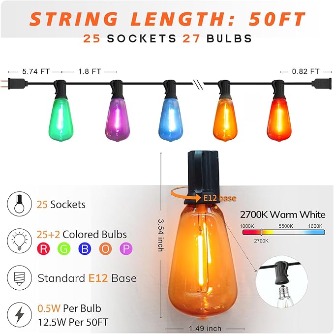 Achin 50FT Outdoor String Lights Multicolor Patio Lights Waterproof with 25+2 LED ST38 Colored Bulbs Shatterproof, Colorful String Lights for Christmas, Party, Holiday