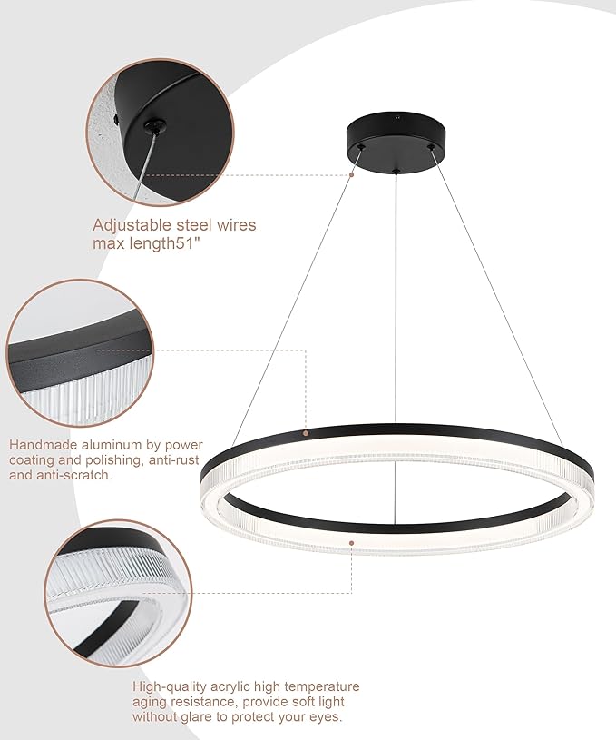 Modern Black Led Pendant Light,36W Dimmable LED Chandelier Lighting Fixture, 1 Ring Circular Hanging Led Pendant Lighting for Living Room Dining Room Kitchen Island Foyer Office