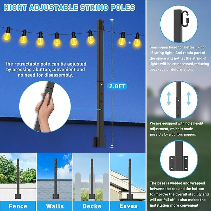8 Pack String Light Poles,2.8Ft Metal Poles for Outdoor String Lights,Outdoor Light Poles with Post,Poles/Stand for Outside,Patio,Deck,Backyard,Garden Wedding,Party