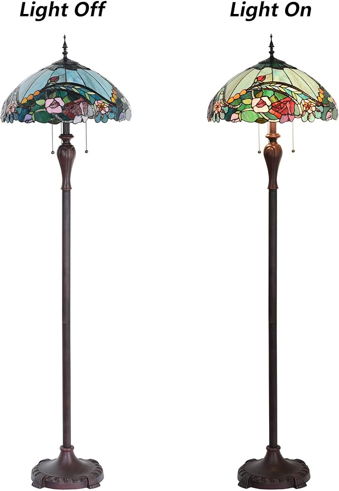 Bieye L10740 Rose Flower Tiffany Style Stained Glass Floor Lamp with 18-inch Wide Shade for Reading Working Bedroom, 3 Lights, 65 inch Tall