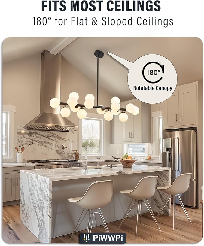 Glass Globe Sputnik Chandelier, 16-Light Mid Century Modern Light Fixture Over Table, Linear Chandeliers for Dining Room, Kitchen Island, Black and Milk White Bubble, 40 Inch, GC-02