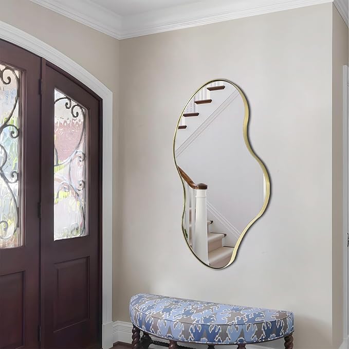 Gold Irregular Mirror, 36"x26" Asymmetrical Wall Mirrors with Metal Frame, Waved Shaped Decorative Mirrors for Living Room Bathroom Bedroom Hallway Entryway Fireplace