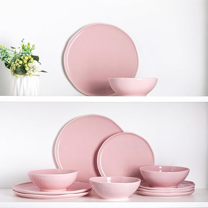 LERATIO Ceramic Dinnerware Sets for 4,Porcelain Plates and Bowls Sets with Wavy Edge,Microwave & Dishwasher & Oven Safe,Light Weight & Scratch Resistant Dishes Sets-Service for 4 (12pcs)-Pink