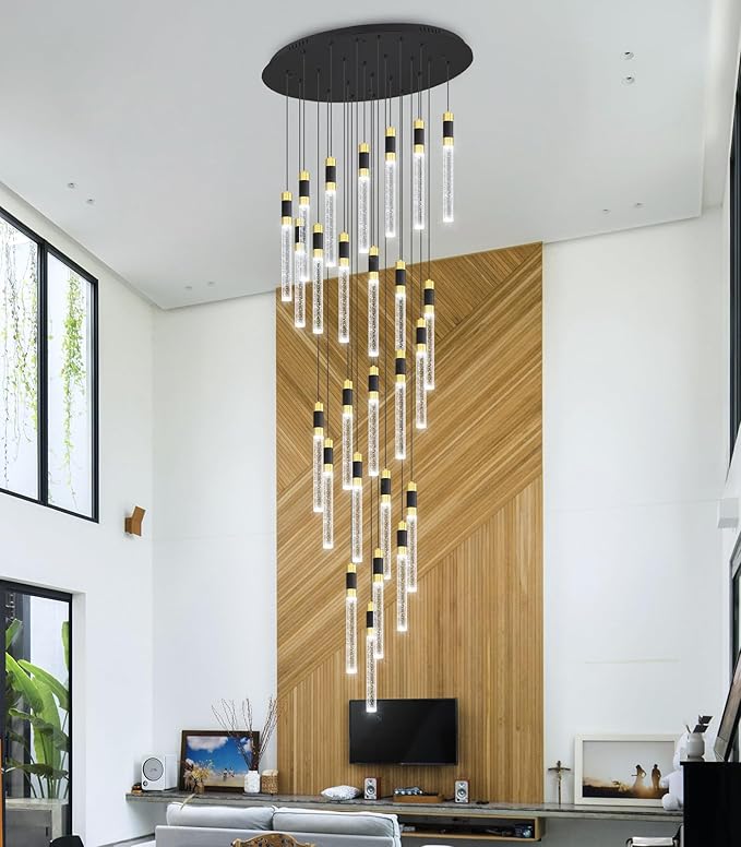Modern 14.5ft LED Chandeliers for Living Room, Dining Room, Entryway - Dimmable Crystal Cylinder Pendant Lights