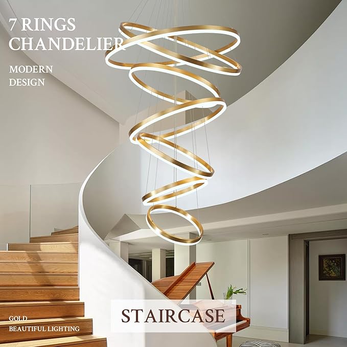 7-Rings D31.5’’ Modern LED Chandelier Gold Dimmable High Ceiling Chandeliers Foyer with Remote Control for Staircase Entryway Dining Room Living Room, 3000K-6500K