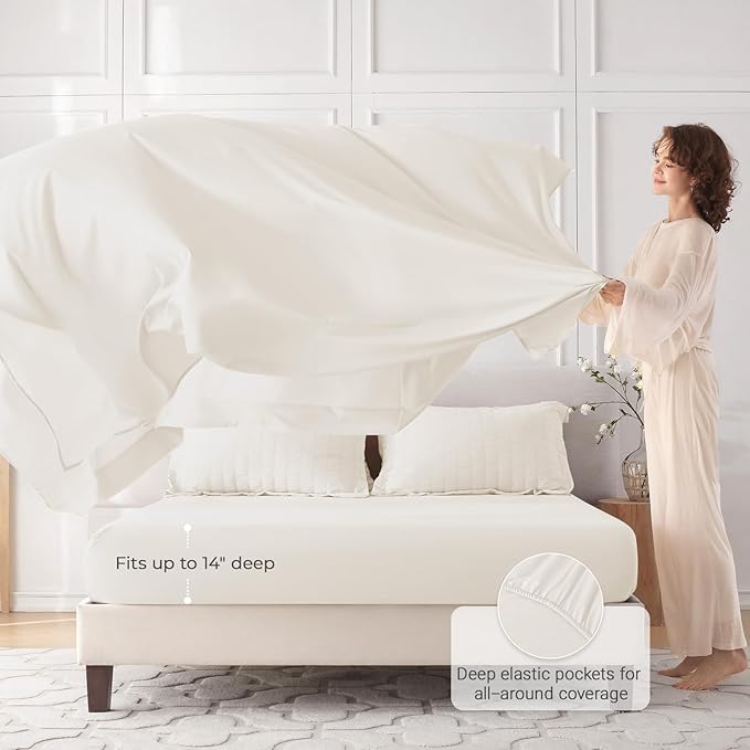 MUXHOMO 7 Pieces California King Comforter Set, Seersucker Bed in a Bag Cal King Size, All Season Luxury Bedding Set with Comforter, Flat Sheet, Fitted Sheet, Pillowcases & Shams, Ivory