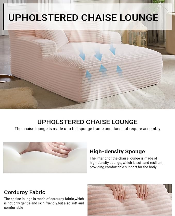 Oversized Chaise Lounge, Corduroy Sofa Bed Chair Indoor with Throw Pillows, Cozy Cloud Couch, Upholstered Sleeper Sofa Couch for Living Room, Bedroom, Apartment, Light Gray