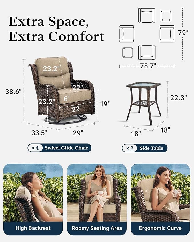 HILLGA Luxury Patio Furniture Set with 6-Inch Thick Cushions, High Back Outdoor Swivel Rocker Chairs and Table, 6-Piece All Weather Conversation Set for Porch Deck Balcony Yard, Beige (V3)