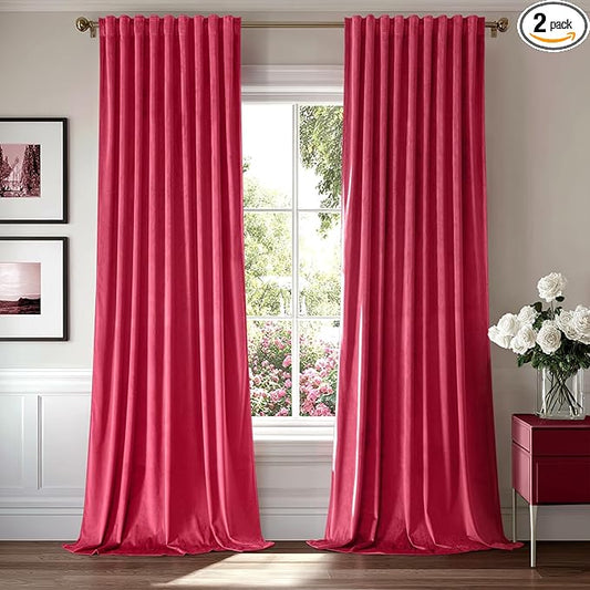 MIULEE Hot Pink Velvet Curtains 90 inches - Luxury Blackout Curtains for Bedroom Living Room Thermal Insulated Super Soft Window Drapes Rod Pocket & Back Tab, W52 x L90 inches, 2 Panels