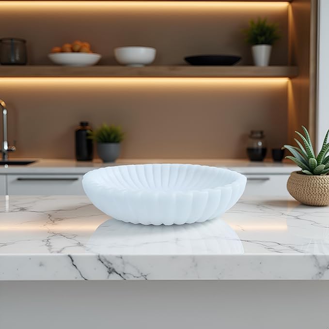 15" Large Decorative Bowl decor , Scalloped Decorative Bowls for Modern Home Decor,Ruffle Decor,Stylish Key Bowl for Entry Table,Decorative Fruit Bowl for Kitchen Counter,Artificial Stone Milky white