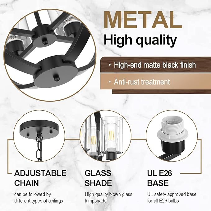 4-Light Black Chandelier Light Fixture, 18in Farmhouse Dining Room Chandeliers with Glass Shade Globe Lighting Fixtures Modern Pendant Lamp for Kitchen Island Entrance Foyer Living Room