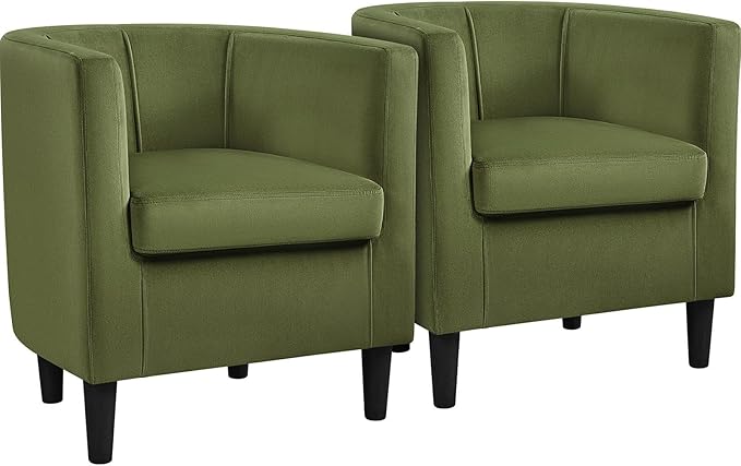Yaheetech Velvet Accent Chair, Modern and Comfortable Armchairs, Upholstered Barrel Sofa Chair for Living Room Bedroom Waiting Room, Olive Green, 2pcs