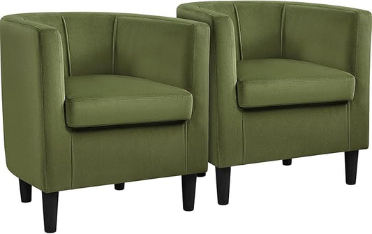 Yaheetech Velvet Accent Chair, Modern and Comfortable Armchairs, Upholstered Barrel Sofa Chair for Living Room Bedroom Waiting Room, Olive Green, 2pcs