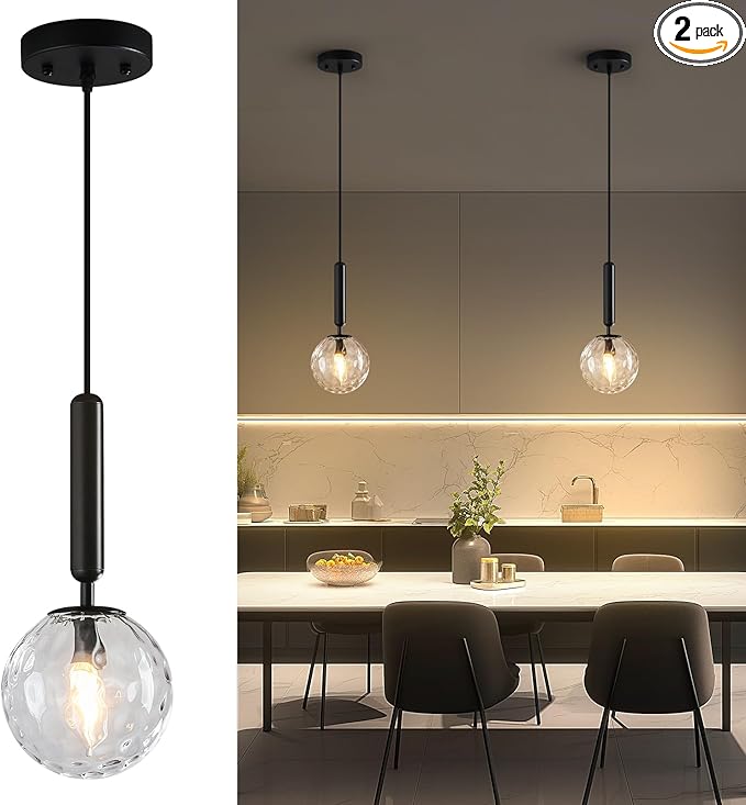 Modern Black Pendant Light Hanging Fixture Light for Kitchen Island Mid Century with Globe Pendant Light Clear Glass Pendant Lighting for Living Room Bedroom Entryway (2 Pack)