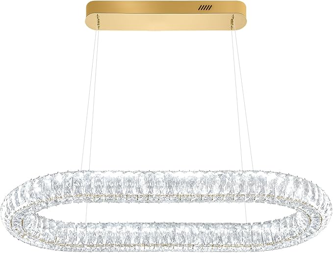 Oval Crystal Chandelier, 31.5'' Gold Crystal Ring Pendant Light for Kitchen Island Modern Linear Oval Chandeliers for Dining Room Dimmable 3000K-6000K