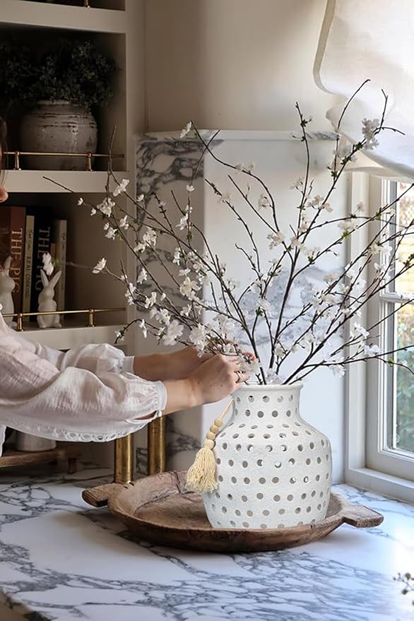 Ceramic Flower Vase Home Decor - 10 Inch Rustic Hollow White Pottery Vase Modern Farmhouse Vintage for Centerpieces House Living Room Dining Table Shelf Mantel Decoration