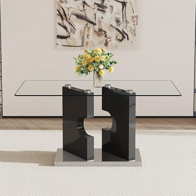 63" Glass Dining Table Set for 4, Modern Kitchen Dining Room Table with Tempered Glass Top, Rectangle Clear Table for Kitchen, Dining Room