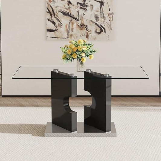 63" Glass Dining Table Set for 4, Modern Kitchen Dining Room Table with Tempered Glass Top, Rectangle Clear Table for Kitchen, Dining Room