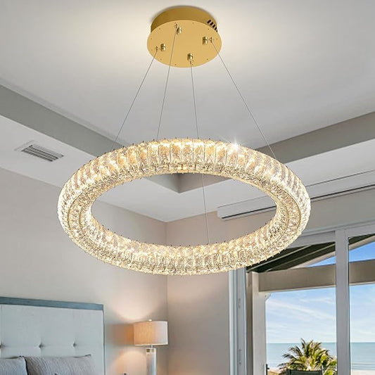 Modern Crystal Chandelier Dimmable LED 23.6" Ring Pendant Light Adjustable Round Gold Crystal Chandelier Light Fixtures for Dining Room Living Room