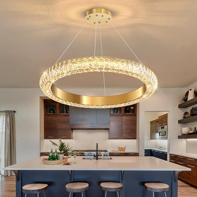 24" Ring Modern LED Dimmable Crystal Chandelier Adjustable Height Pendant Light Round Crystal Chandelier Light Fixtures for Dining Room Living Room Kitchen Island Gold