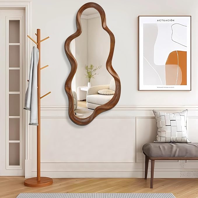 Large Asymmetrical Mirror Irregular Wood Frame Modern Unique Wall Mounted Artistic Wavy Mirrors Decor Bathroom Vanity Bedroom Living Room Entryway Hallway 47"x22"