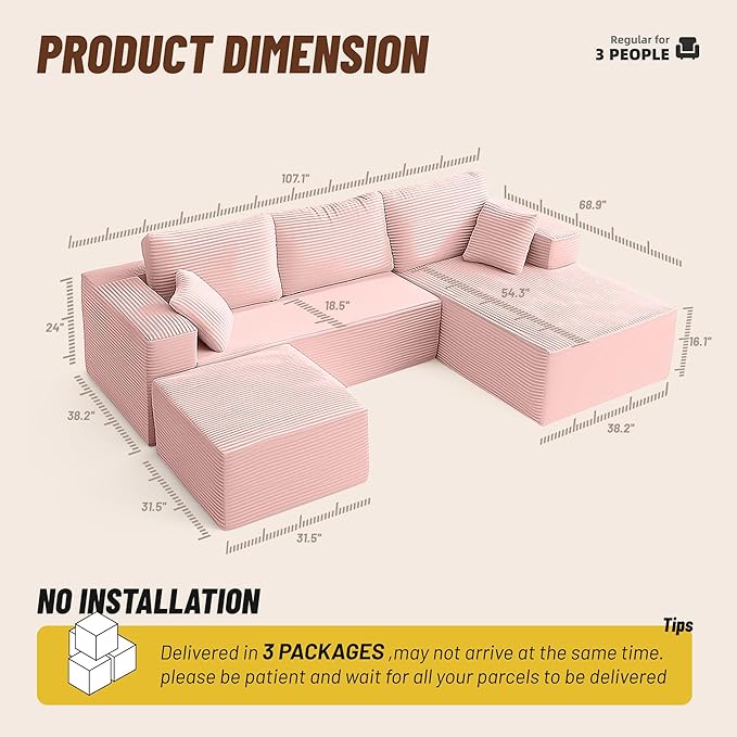 107" Boneless Couch with Deep Seat, Modular Sectional Sofa, Cloud Sectional Couch for Living Room, No Assembly Required, Corduroy, U-Shape 3 Seater Right, Pink