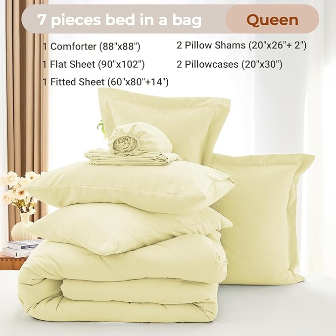 MUXHOMO 7 Pieces Queen Comforter Set, Soft Bed in a Bag Queen Size, All Season Bedding Set with Comforter, Flat Sheet, Fitted Sheet, Pillowcases & Shams, Cream Yellow