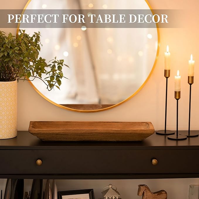 Hanobe Decorative Wood Dough Bowl: Large Long Wooden Bowl for Entry Way Table Home Decor - Coffee Table Decor for Living Room - Dining Table Centerpiece Decor, Brown