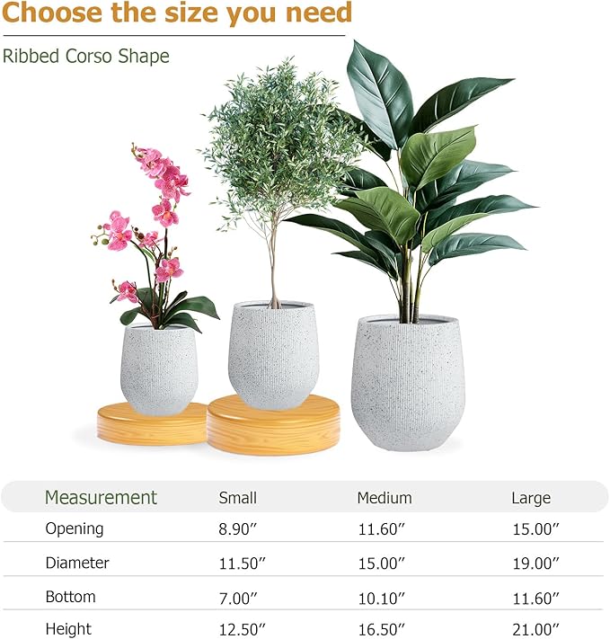 21" H x 19" D Ribbed Corso Fiberstone Round Planter with Drainage Hole, Weather Resistant for Indoor and Outdoor Use, Included 2 Extra Coco Mats (Ribbed Speckled White, 15" Pot Opening)