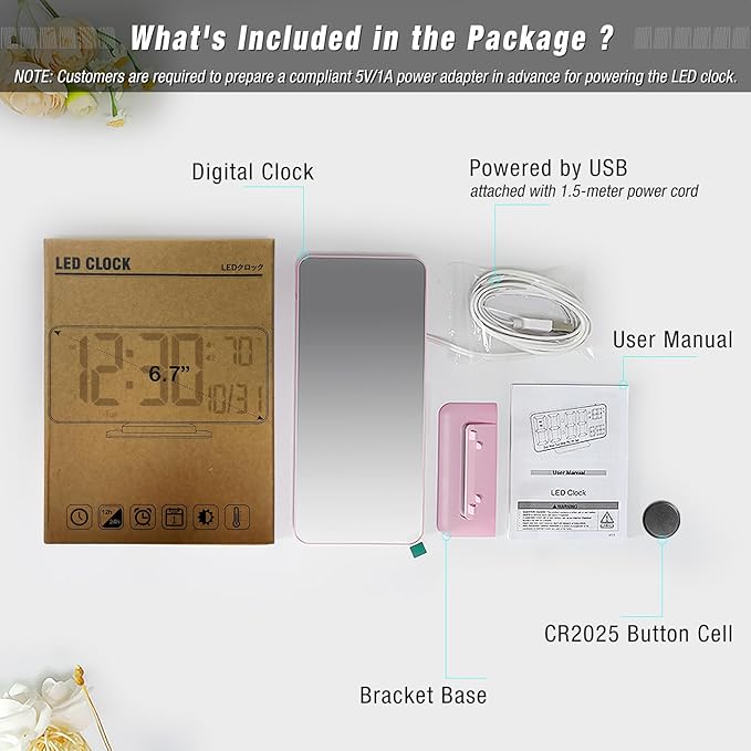 Pink Digital Clock for Bedroom 6.7in Dual Alarm Clock with Dimming, 12/24h, Seconds, Date, Day of Week, Temp, Desk Clock, LED Clock for Table Decor, Digital Calendar Table Clocks for Bedrooms KOSUMOSU