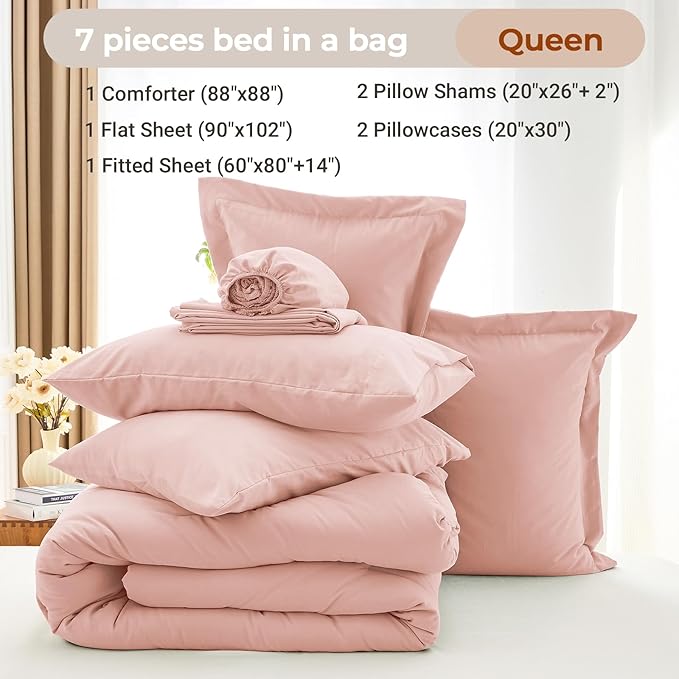 MUXHOMO 7 Pieces Queen Comforter Set, Soft Bed in a Bag Queen Size, All Season Bedding Set with Comforter, Flat Sheet, Fitted Sheet, Pillowcases & Shams, Rose Gold