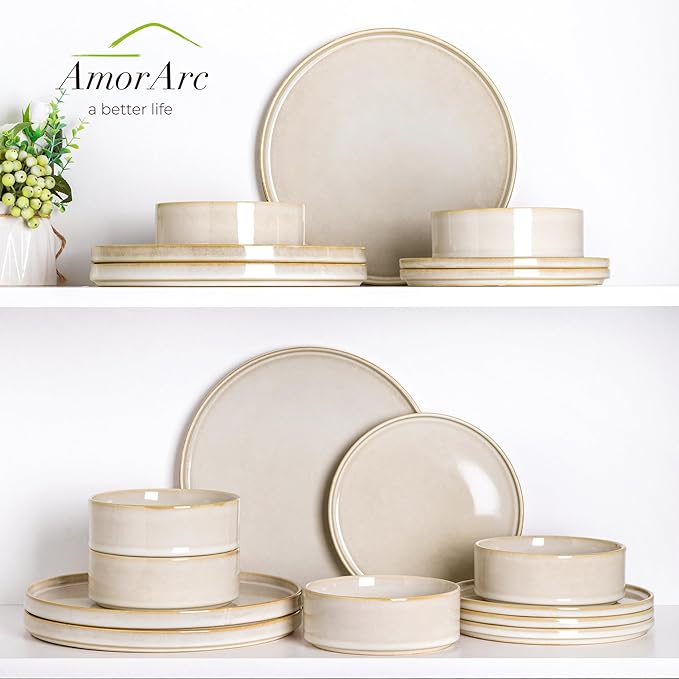 AmorArc Ceramic Dinnerware Sets, Handmade Reactive Glaze Stoneware Plates and Bowls Sets,Highly Chip and Crack Resistant | Dishwasher & Microwave Safe Dishes Set, Service for 6 (18pc)