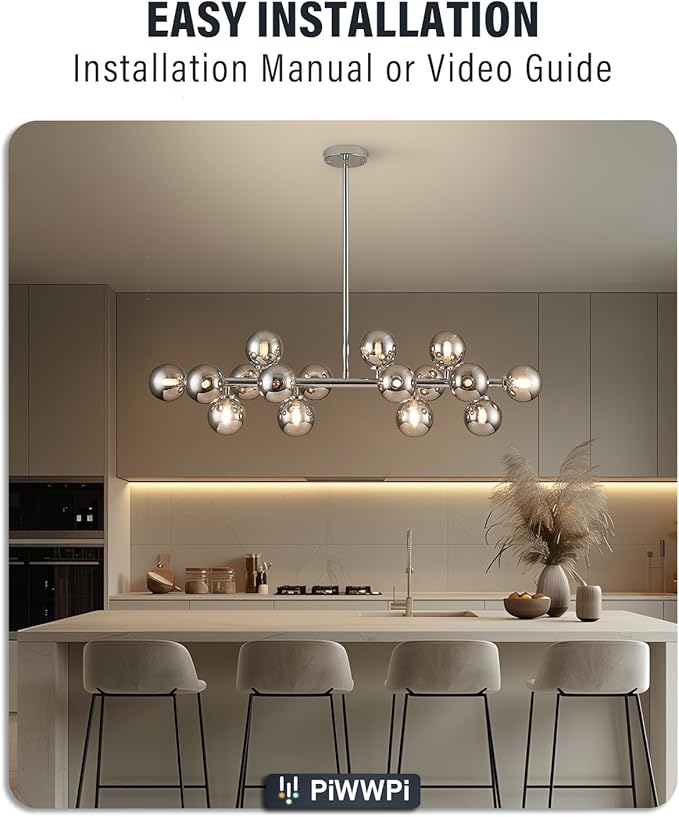 Glass Globe Sputnik Chandelier, 16-Light Mid Century Modern Light Fixture Over Table, Linear Chandeliers for Dining Room, Kitchen Island, Chrome and Smoke Grey Bubble, 40 Inch, GC-02