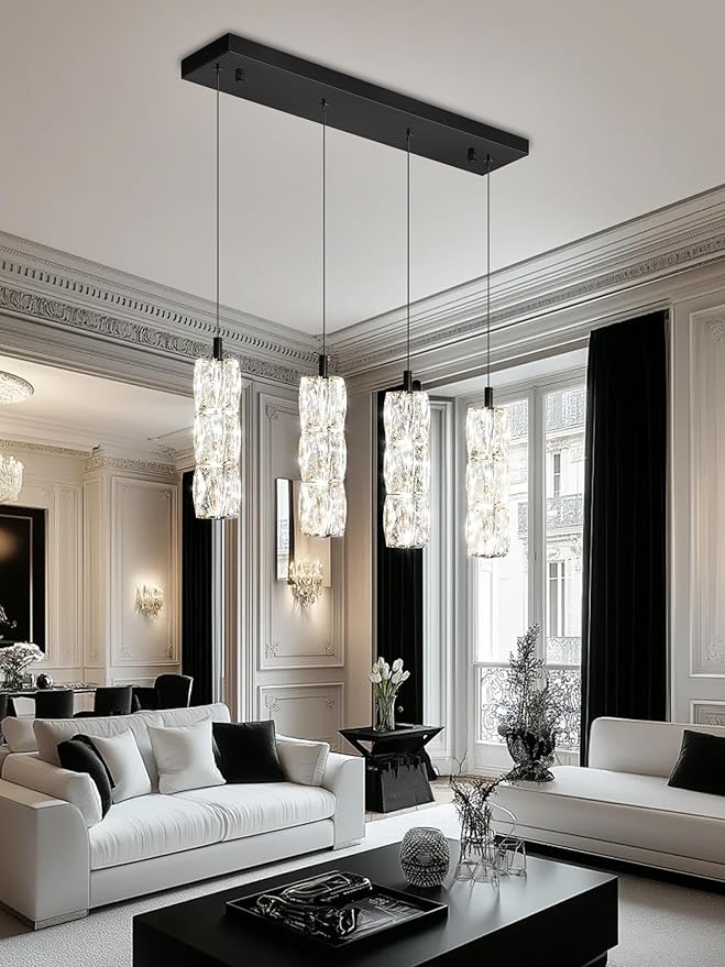 Dining Room Light Fixture 4-Light Black Kitchen Island Lighting Industrial Linear Chandeliers for Dining Room Pendant Light Fixture for Living Room Hallway Bedroom 2700K-6000K