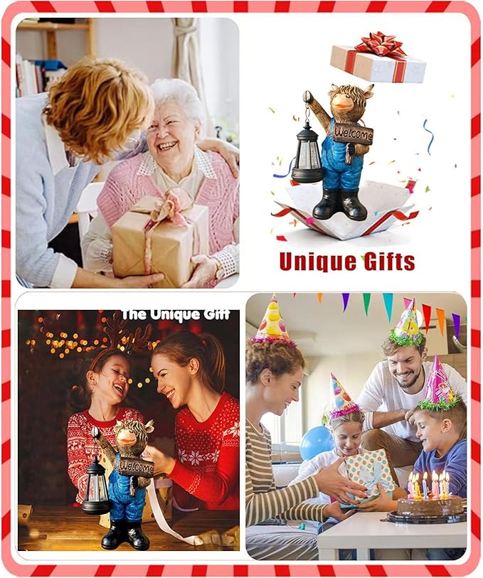 Solar Garden Statues -Highland Cow Lantern Outdoor Handmade Resin Statue with LED Light, and Welcome Holder for Patio, Yard, Gift Ideas (cow2)