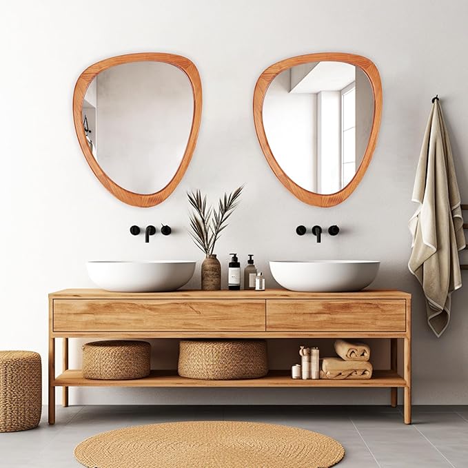 WallBeyond Asymmetrical Mirror, Irregular Wall Mirror for Bathroom, Wall Mirrors Decorative for Bedroom Living Room Entryway Hall, Wood Framed Walnut Mirror 23" H x 19" W
