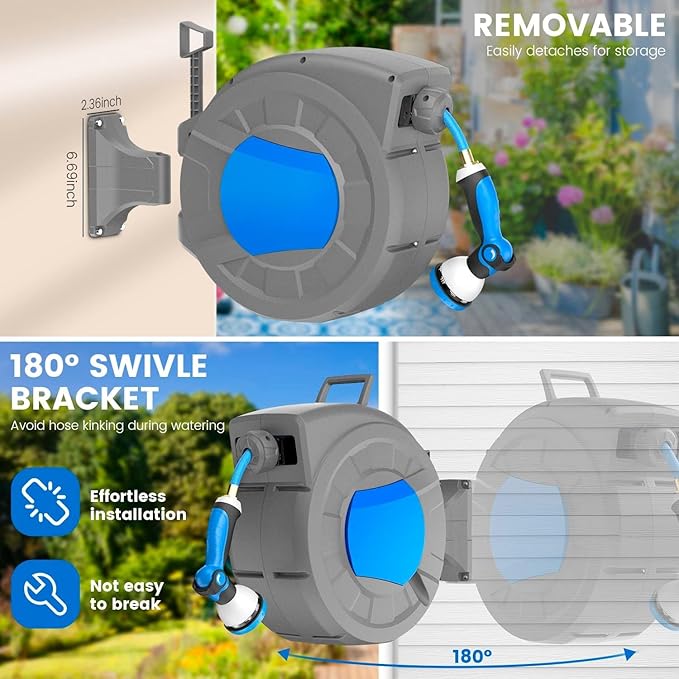 Retractable Garden Hose Reel, 1/2" x 100 ft + 6.5 ft Wall Mounted Water Hose Reel for Outside with 10 Pattern Nozzle, Automatic Slow Rewind System/Lock Any Length/180°Swivel