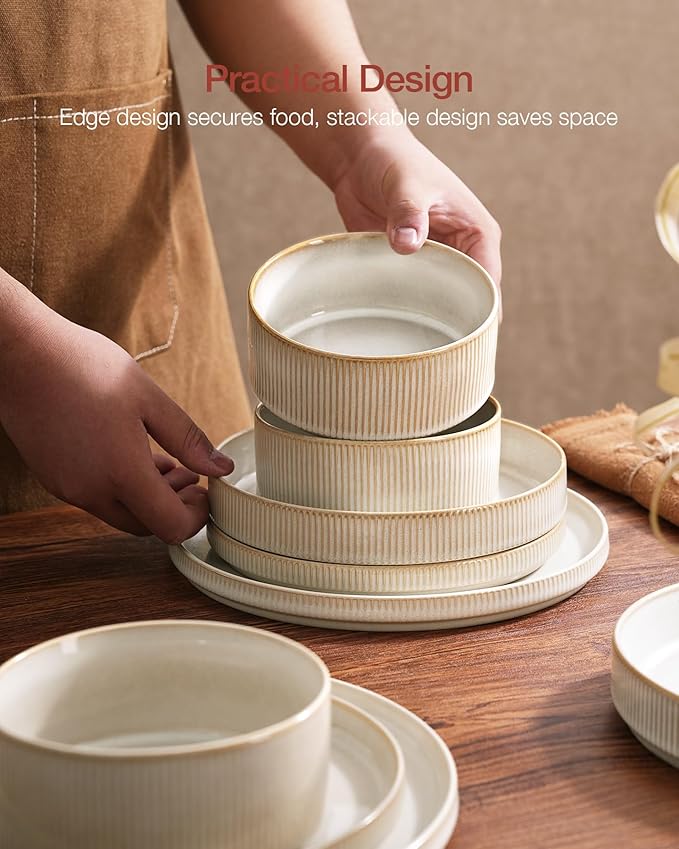 Famiware Star Plates and Bowls Sets, Modern Stoneware Dinnerware Sets for 8, 24-Piece Kitchen Dish Set - Microwave and Dishwasher Safe, Chip and Scratch Resistant, Cappuccino White