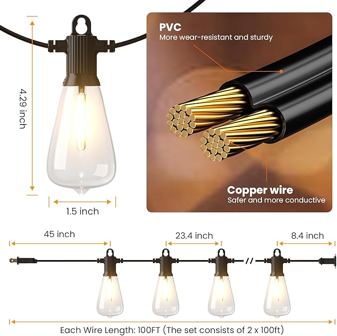 KAWAYA 200FT Patio String Lights: 100+4 Dimmable Waterproof Shatterproof LED Vintage String Lights,Commercial Outdoor Lights for Porch Backyard Garden Bistro Outside Balcony Gazebo Party Cafe(100FTx2)