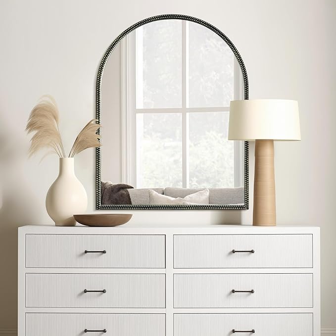 WallBeyond Black Vintage Mirror for Vanity 28x36 Inch, Gold Antique Mirror with Ornate Beaded Frame for Bathroom, Living Room, Fireplace, Entryway